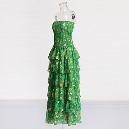 Strapless Layered Tiered Floral Print Dress Green Chic Dress