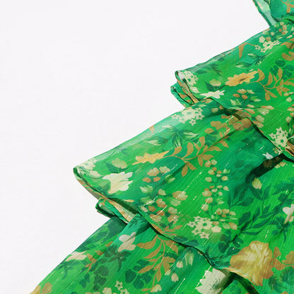 Strapless Layered Tiered Floral Print Dress Green Chic Dress