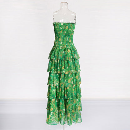 Strapless Layered Tiered Floral Print Dress Green Chic Dress