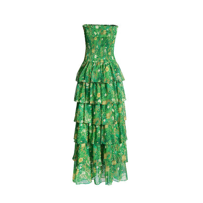 Strapless Layered Tiered Floral Print Dress Green Chic Dress