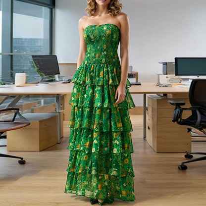 Strapless Layered Tiered Floral Print Dress Green Chic Dress