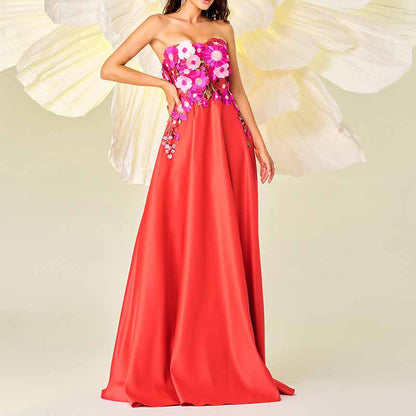 Red Bustier Long Prom Dress Flower Embellished Wedding Bridesmaid Dress Maxi Dress