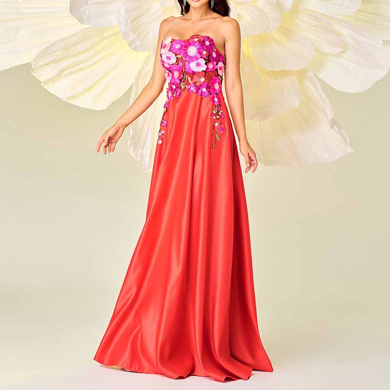 Red Bustier Long Prom Dress Flower Embellished Wedding Bridesmaid Dress Maxi Dress