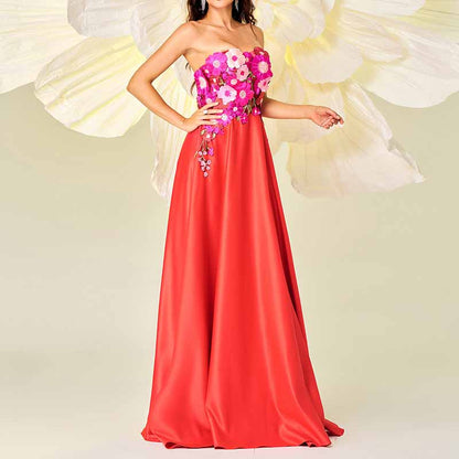 Red Bustier Long Prom Dress Flower Embellished Wedding Bridesmaid Dress Maxi Dress