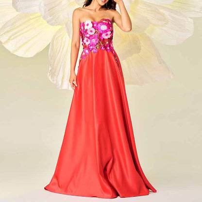 Red Bustier Long Prom Dress Flower Embellished Wedding Bridesmaid Dress Maxi Dress