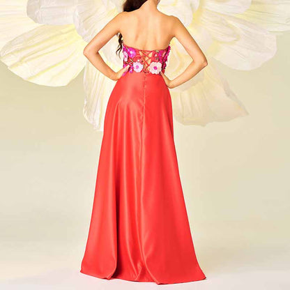 Red Bustier Long Prom Dress Flower Embellished Wedding Bridesmaid Dress Maxi Dress