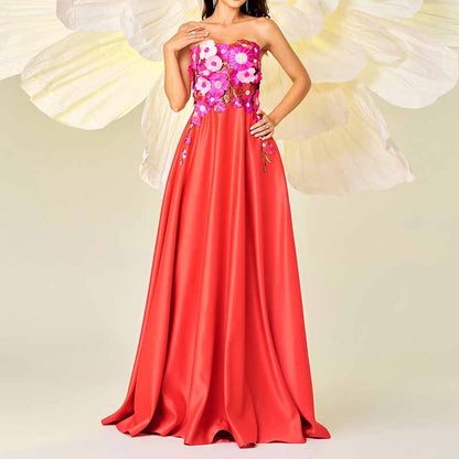 Red Bustier Long Prom Dress Flower Embellished Wedding Bridesmaid Dress Maxi Dress