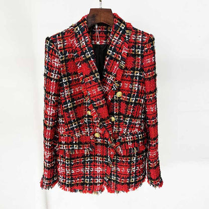 Red Check Tweed Blazer Double Breasted Plaid Coat