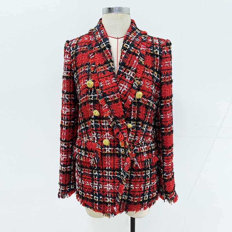 Red Check Tweed Blazer Double Breasted Plaid Coat