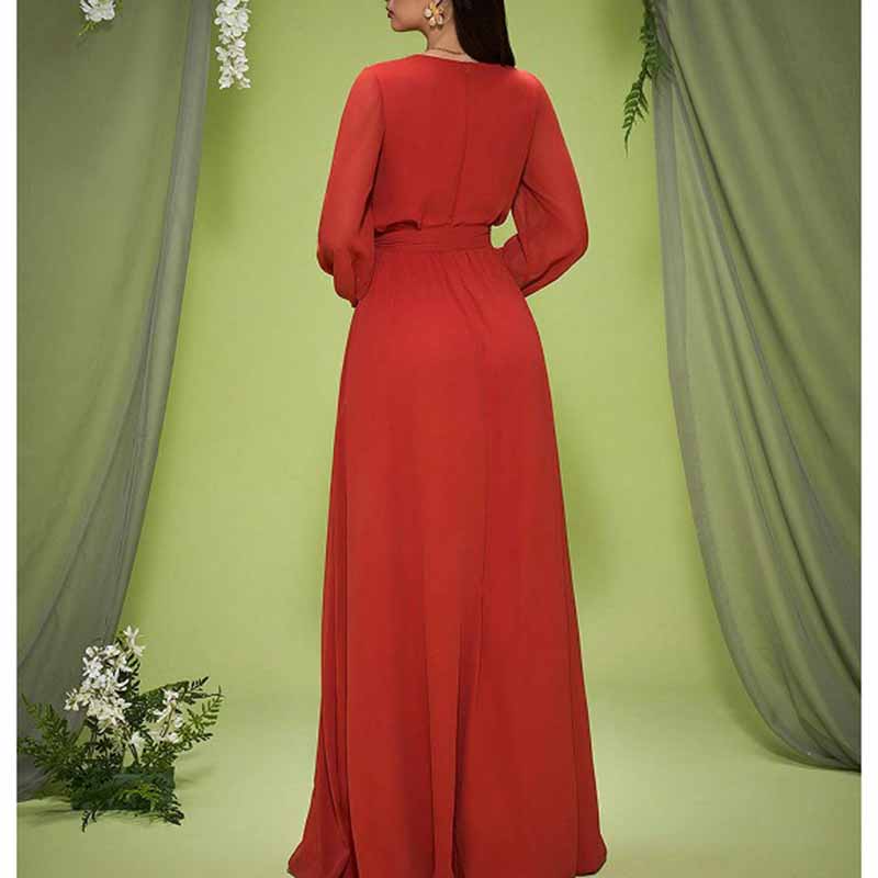 Red V Neck Long Sleeve Wedding Guest Dress – Elegant Lace Up Prom Gown