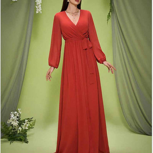Red V Neck Long Sleeve Wedding Guest Dress – Elegant Lace Up Prom Gown