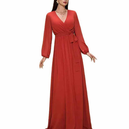 Red V Neck Long Sleeve Wedding Guest Dress – Elegant Lace Up Prom Gown