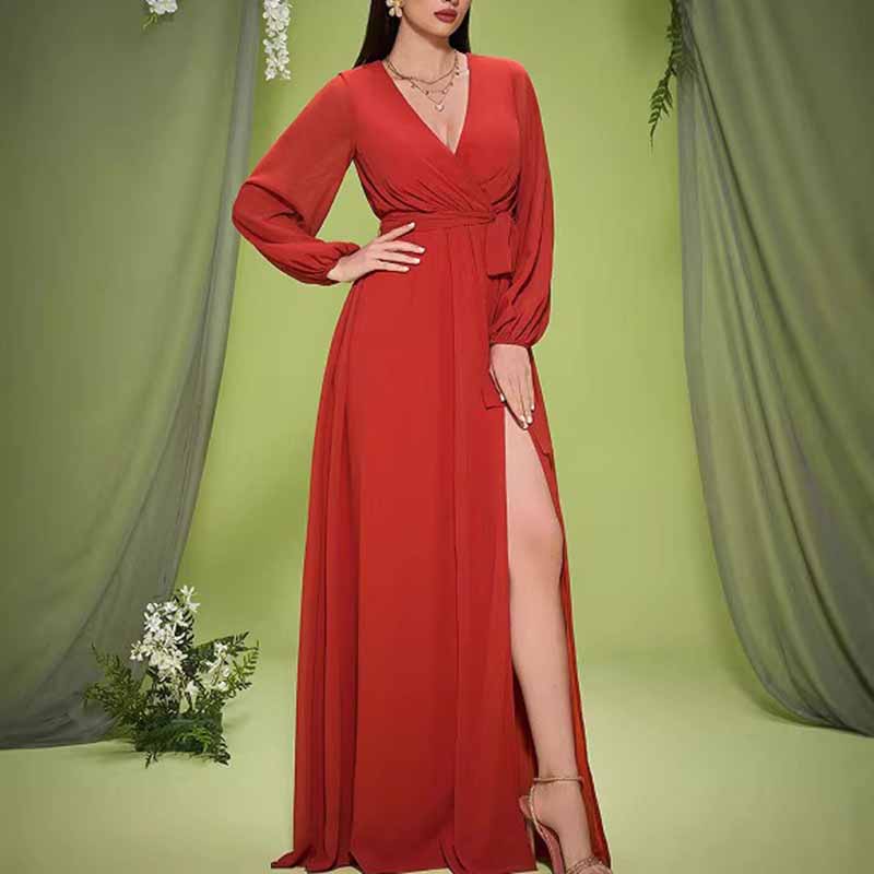 Red V Neck Long Sleeve Wedding Guest Dress – Elegant Lace Up Prom Gown
