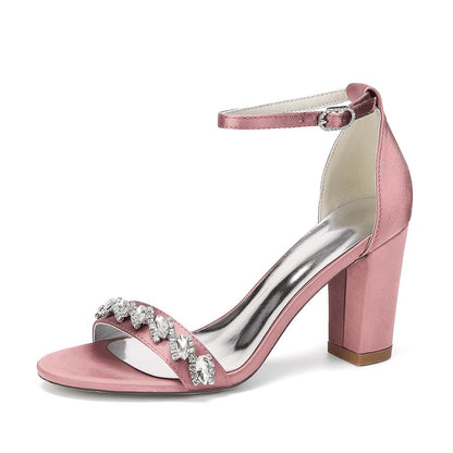 Rhinestone Ankle Strap Chunky Heel Sandals | Bridal Wedding Evening Dress Shoes