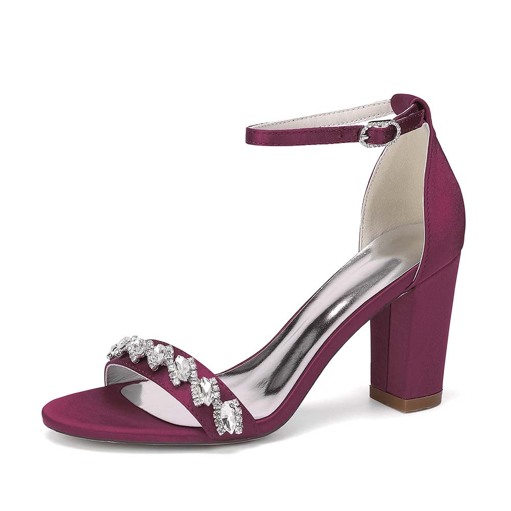 Rhinestone Ankle Strap Chunky Heel Sandals | Bridal Wedding Evening Dress Shoes