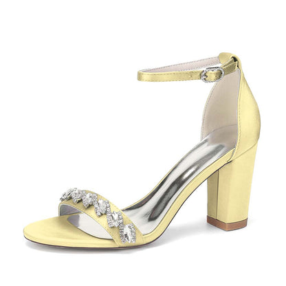Rhinestone Ankle Strap Chunky Heel Sandals | Bridal Wedding Evening Dress Shoes
