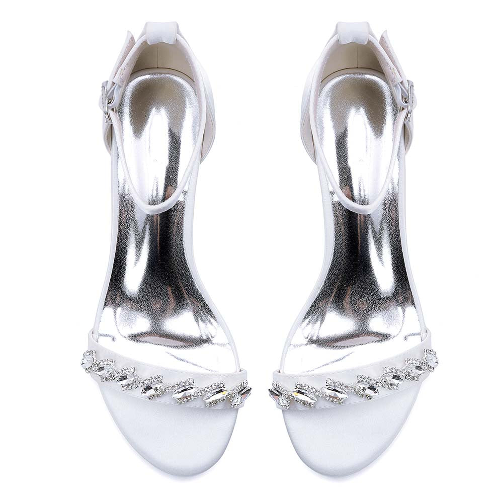 Rhinestone Ankle Strap Chunky Heel Sandals | Bridal Wedding Evening Dress Shoes