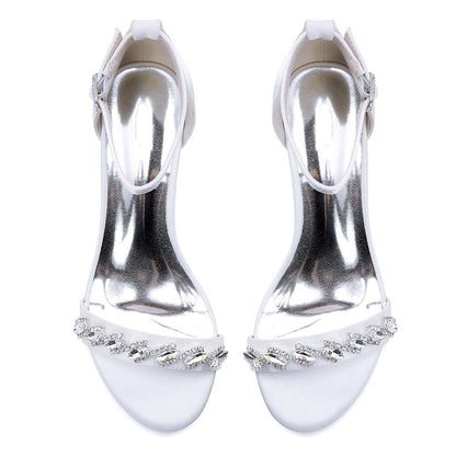 Rhinestone Ankle Strap Chunky Heel Sandals | Bridal Wedding Evening Dress Shoes