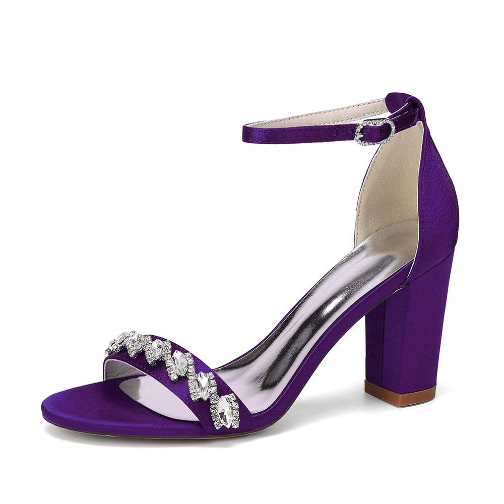 Rhinestone Ankle Strap Chunky Heel Sandals | Bridal Wedding Evening Dress Shoes