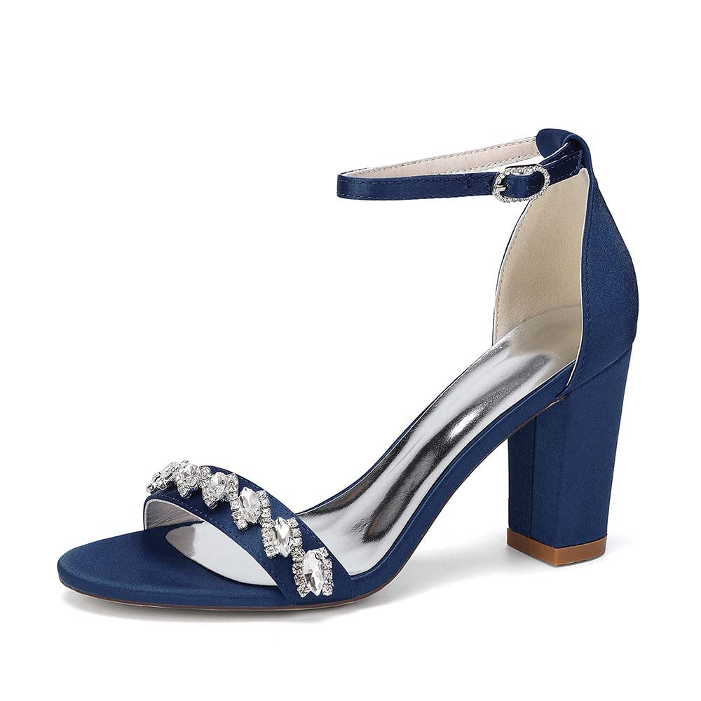Rhinestone Ankle Strap Chunky Heel Sandals | Bridal Wedding Evening Dress Shoes
