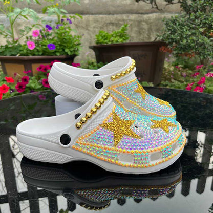 Rhinestone Flat Wedding Sneakers Round Toe Clog Shoes Slip On Mules
