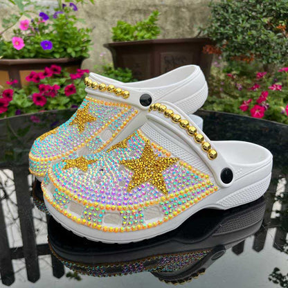 Rhinestone Flat Wedding Sneakers Round Toe Clog Shoes Slip On Mules