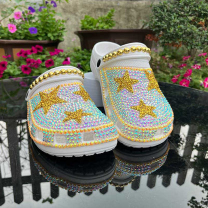 Rhinestone Flat Wedding Sneakers Round Toe Clog Shoes Slip On Mules