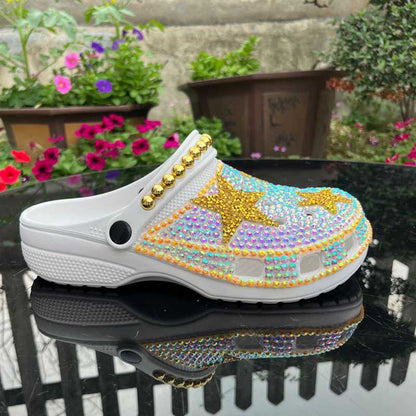 Rhinestone Flat Wedding Sneakers Round Toe Clog Shoes Slip On Mules