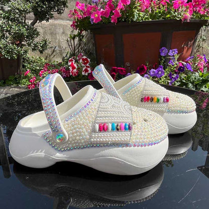 Rhinestone Pearls Flat Wedding Sneakers Round Toe Clog Shoes White Slip On Mules
