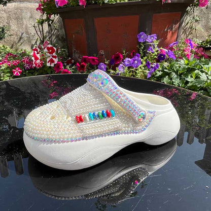 Rhinestone Pearls Flat Wedding Sneakers Round Toe Clog Shoes White Slip On Mules