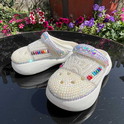 Rhinestone Pearls Flat Wedding Sneakers Round Toe Clog Shoes White Slip On Mules