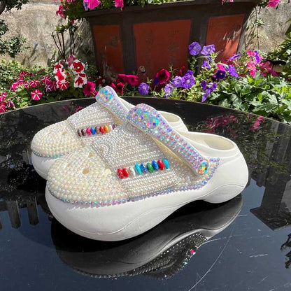 Rhinestone Pearls Flat Wedding Sneakers Round Toe Clog Shoes White Slip On Mules