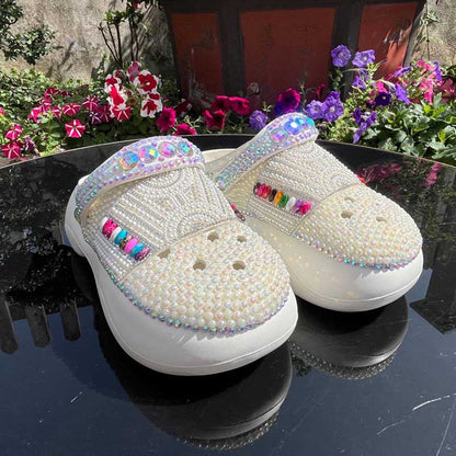 Rhinestone Pearls Flat Wedding Sneakers Round Toe Clog Shoes White Slip On Mules