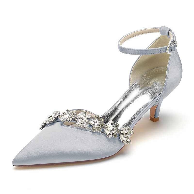 Elegant blue pointed toe prom shoes with rhinestones and delicate ankle strap for special events