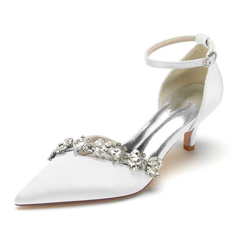 Elegant white pointed toe prom shoes with rhinestones and delicate ankle strap detail