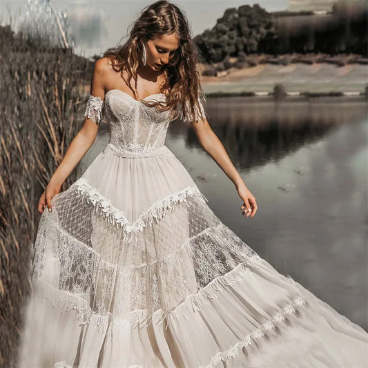 Romantic Off-Shoulder Lace Wedding Dress with Tulle Skirt- Vintage-Inspired Bridal Gown