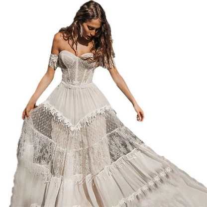 Romantic Off-Shoulder Lace Wedding Dress with Tulle Skirt- Vintage-Inspired Bridal Gown