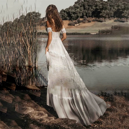 Romantic Off-Shoulder Lace Wedding Dress with Tulle Skirt- Vintage-Inspired Bridal Gown