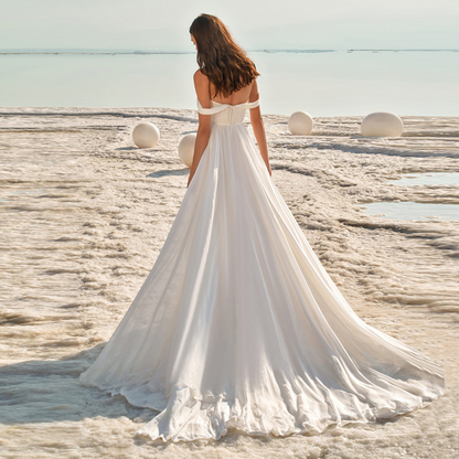 Romantic Off-Shoulder Tulle Wedding Dress with Puff Sleeves & Sweetheart Neckline