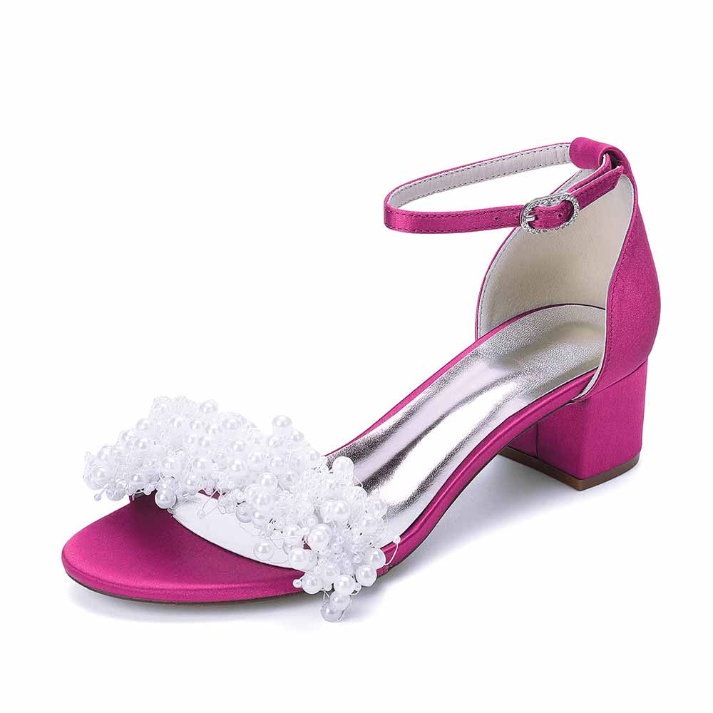 Women's Pearl Bridal Wedding Shoes Chunky Heel Ankle Strap Sandals for Party Evening