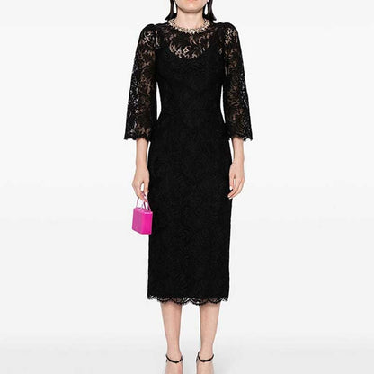 Round-Neck Beaded-Embellished Lace Midi Dress For Women