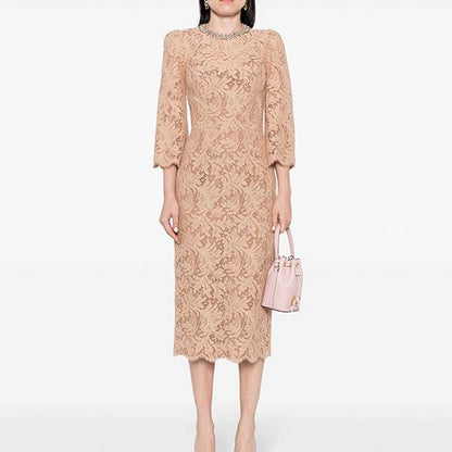 Round-Neck Beaded-Embellished Lace Midi Dress For Women