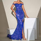 Royal Blue Off-The-Shoulder Prom Dress Sequin High Split Long Evening Dress