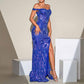 Royal Blue Off-The-Shoulder Prom Dress Sequin High Split Long Evening Dress