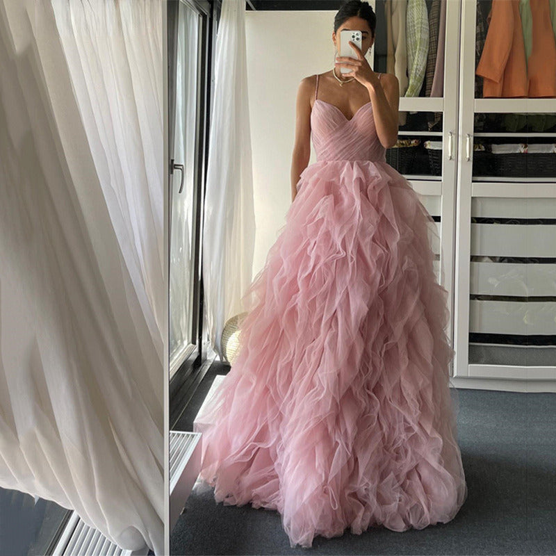 Ruffled Tulle Prom Dress - Formal Evening Gown with Straps | Maxi Bridal/Party Wear