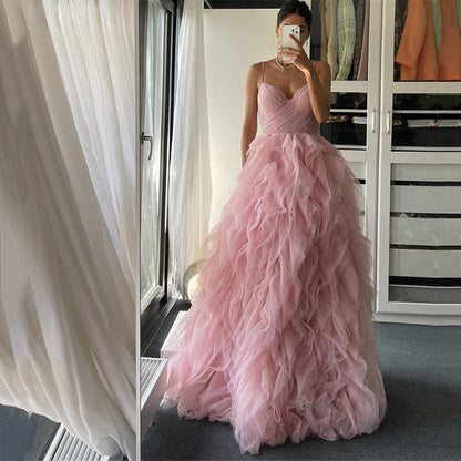Ruffled Tulle Prom Dress - Formal Evening Gown with Straps | Maxi Bridal/Party Wear