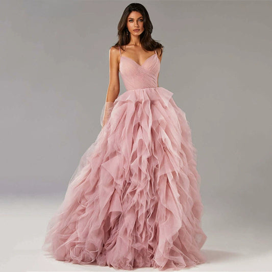 Ruffled Tulle Prom Dress - Formal Evening Gown with Straps | Maxi Bridal/Party Wear