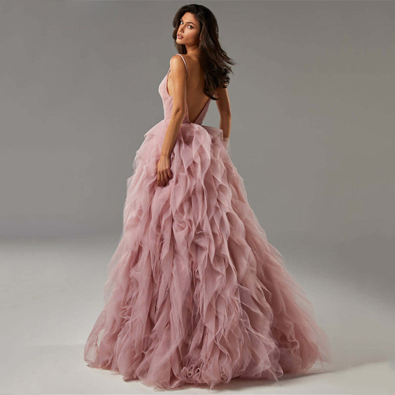 Ruffled Tulle Prom Dress - Formal Evening Gown with Straps | Maxi Bridal/Party Wear