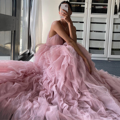 Ruffled Tulle Prom Dress - Formal Evening Gown with Straps | Maxi Bridal/Party Wear