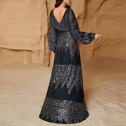 Long Sleeve Sequined V Neck Maxi Dress Black Formal Prom Dress